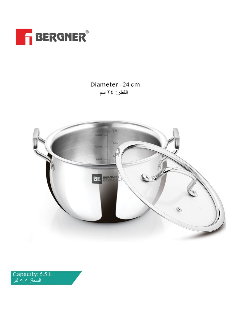Bergner Essentials 24cm (5.5L) Tri-Ply Stainless Steel Large Rice Pot – Heavy-Duty Healthy Cooking Handi with Glass Lid for Biryani Pulao Soups Curries – Even Heating – Gas & Induction Compatible - Image 2